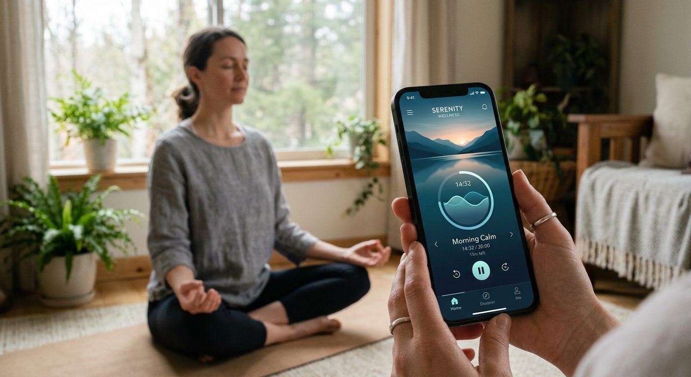 Meditationsapp på smartphoneskærm med rolige farver og meditationsguidance, viser brugervenlig interface for daglig praksis