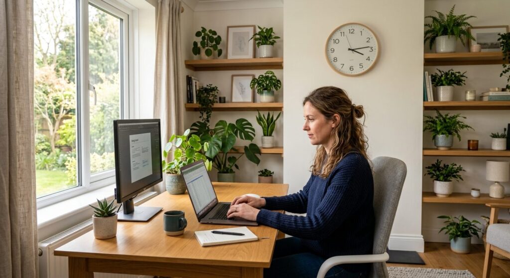 Velindrette hjemmekontorplads med naturligt lys, der viser optimale arbejdsforhold uden at miste privat rum