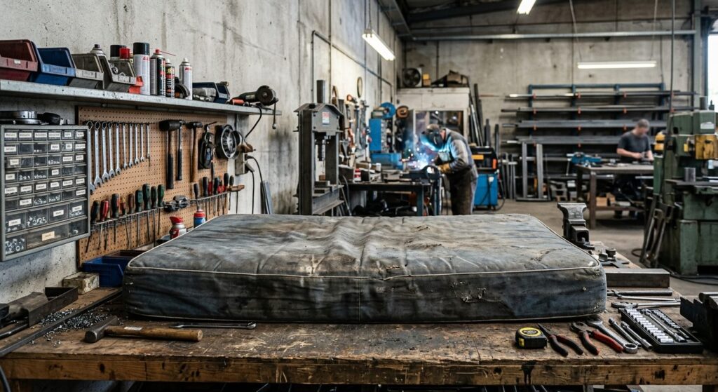 Udtværet arbejdslager i en praktikantarbejdsplads der viser tegn på slitage