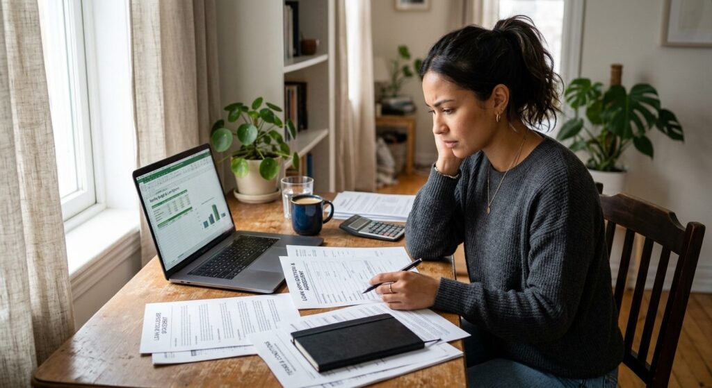 Ung person sammenligner låneoversigter og uddannelsesbetingelser foran computer for at vælge rigtig lånetype