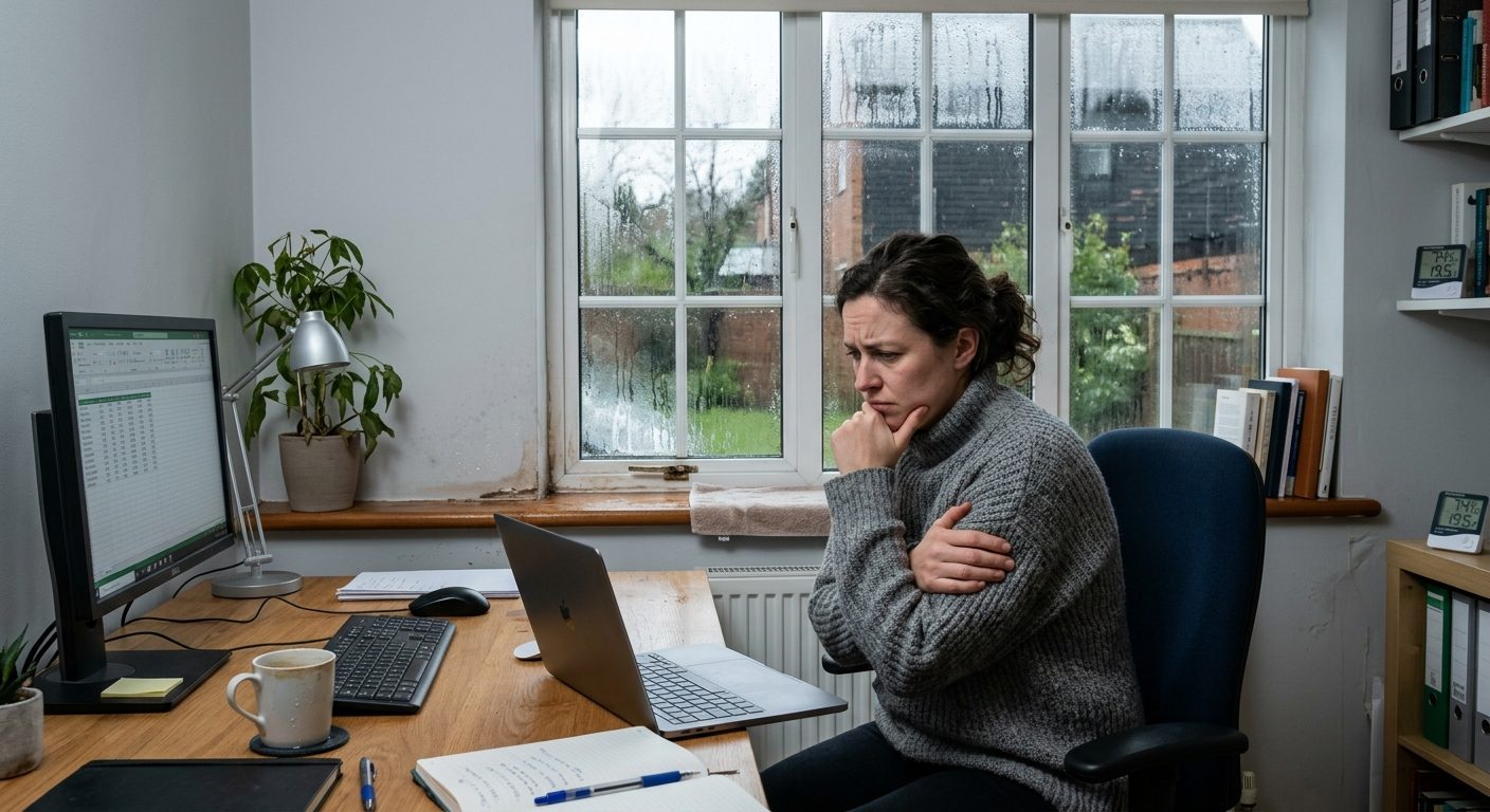 Hjemmekontorarbejder i rum med dårligt indeklima og kondens på vinduet