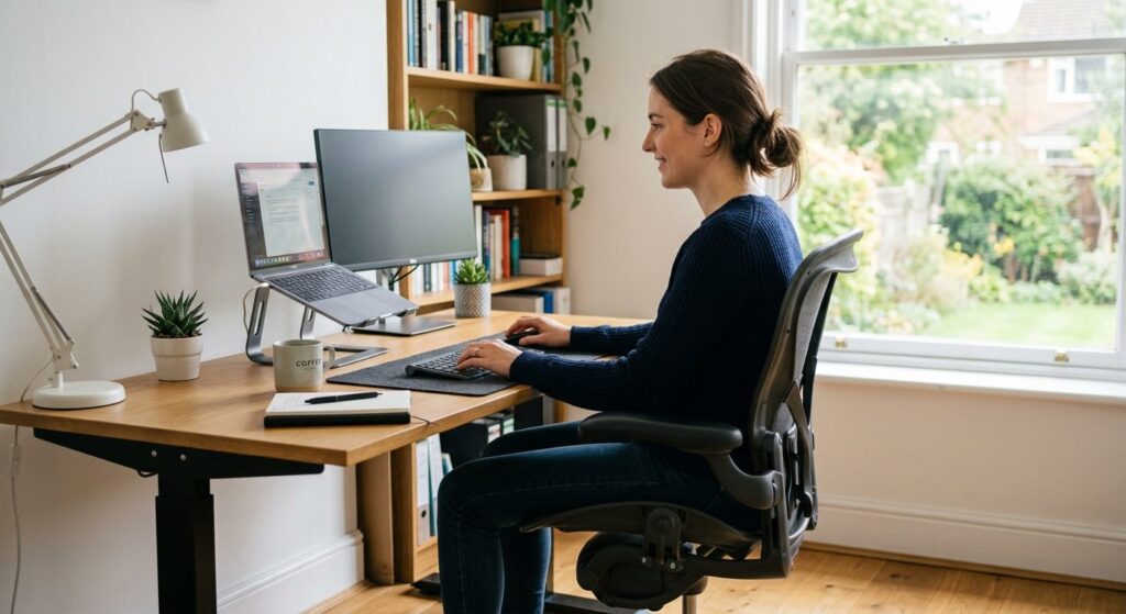 Person sidder ergonomisk korrekt på en moderne skrivebordsstol ved hjemmekontorbord med naturligt lys