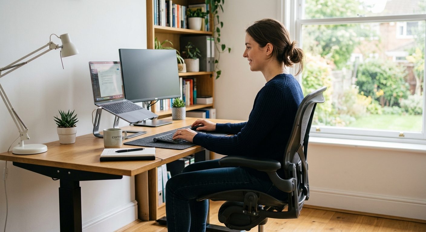 Person sidder ergonomisk korrekt på en moderne skrivebordsstol ved hjemmekontorbord med naturligt lys