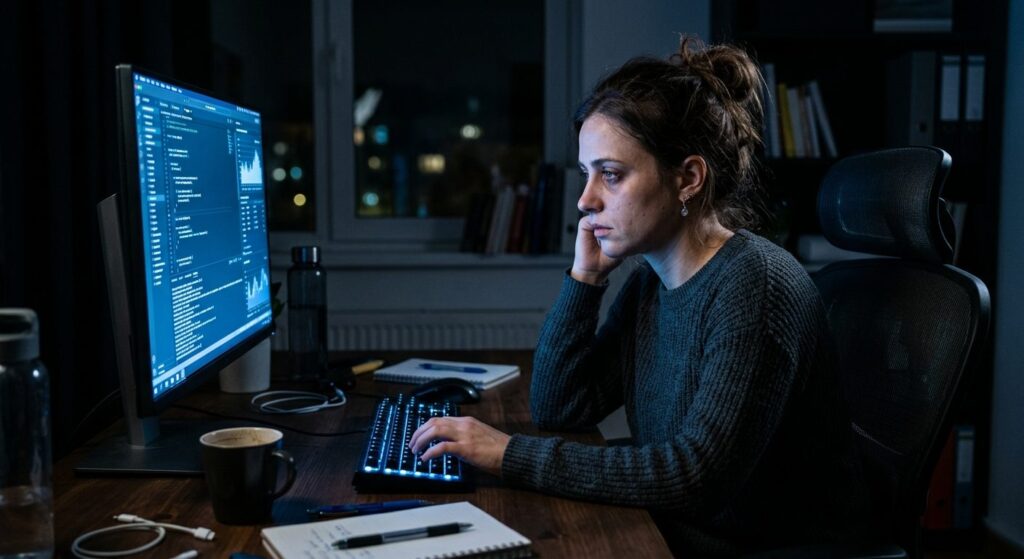 Person arbejder sent ved computerSkærm med blålys, der påvirker søvnkvaliteten