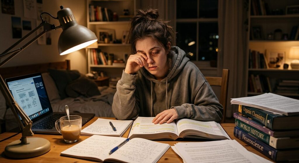 Træt studerende der ødelægger sin søvnkvalitet ved at studere for længe inden eksamen
