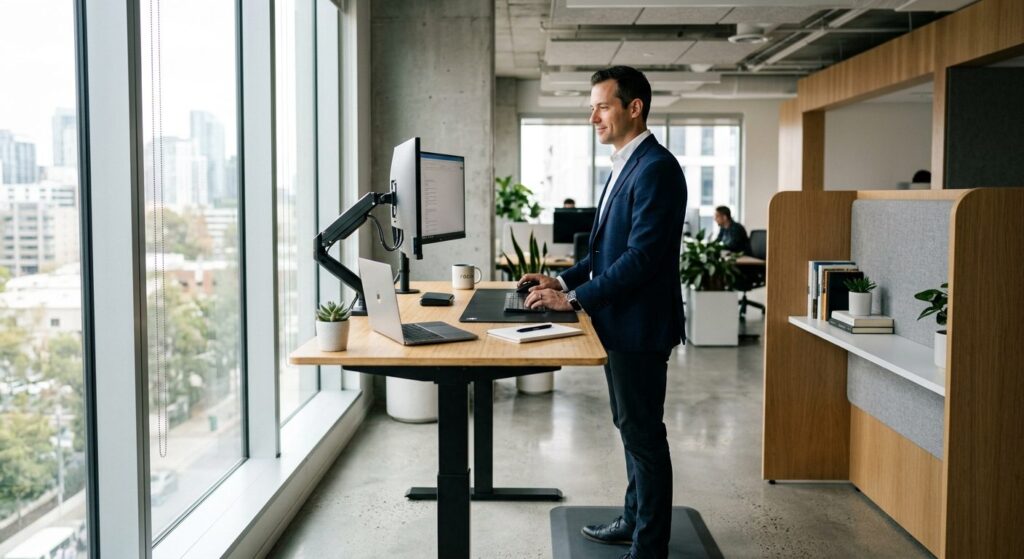 Korrekt ergonomi ved arbejdsskrivebord med stol, skærm og tastatur opstillet efter arbejdsmedicinske retningslinjer