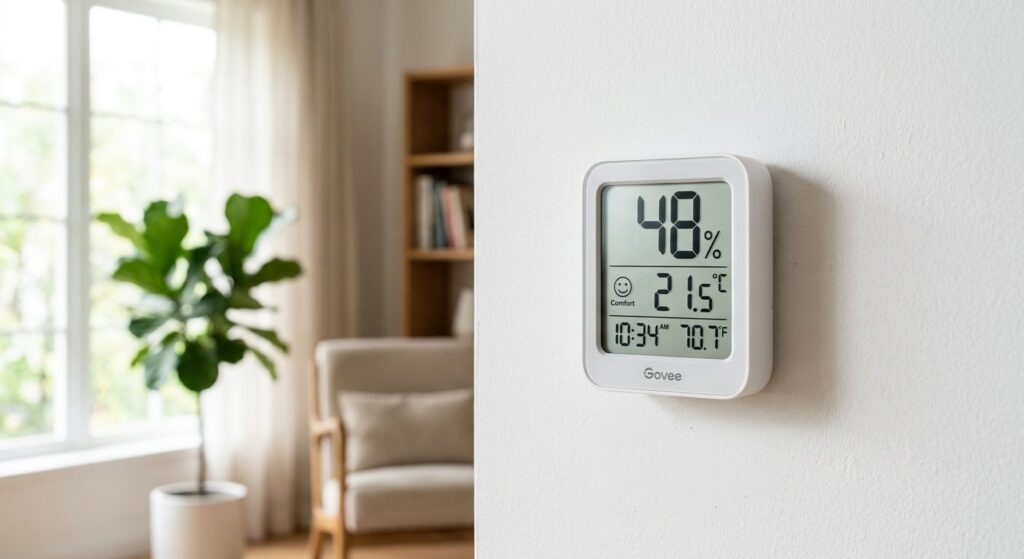 Digitalt hygrometer på væg viser luftfugtighed i procent, væsentligt redskab for boligklima