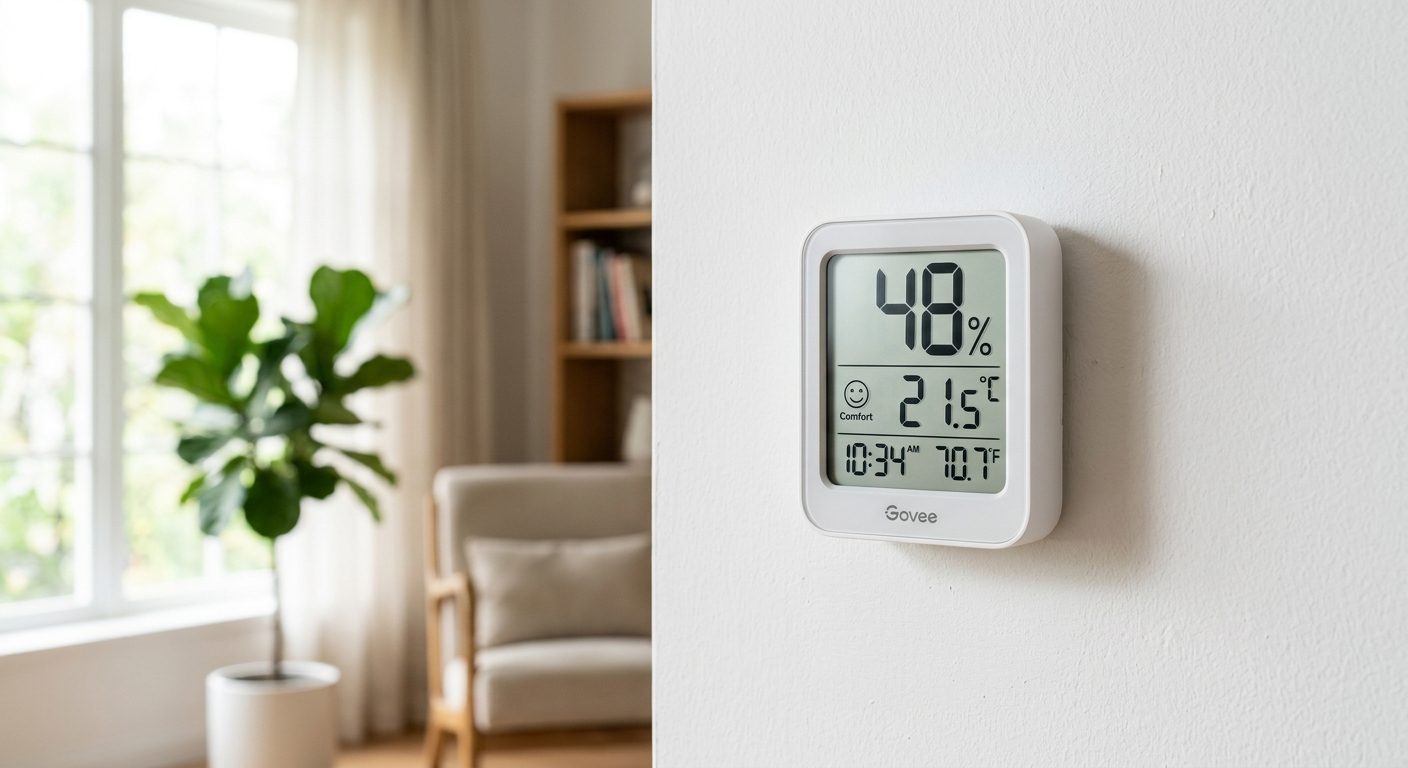 Digitalt hygrometer på væg viser luftfugtighed i procent, væsentligt redskab for boligklima