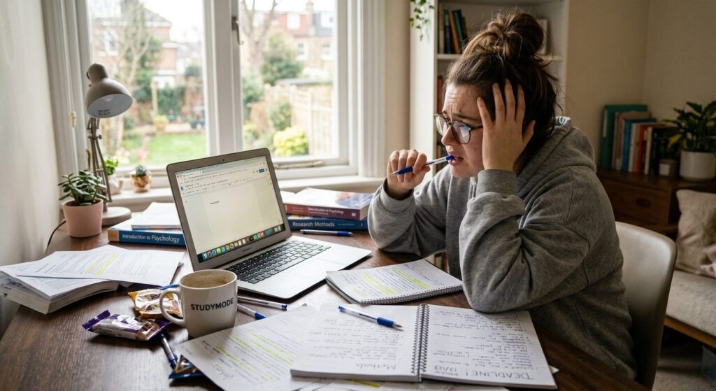 Ung studerende sidder ved skrivebord foran computer med biler papirer og udsætter skolearbejde