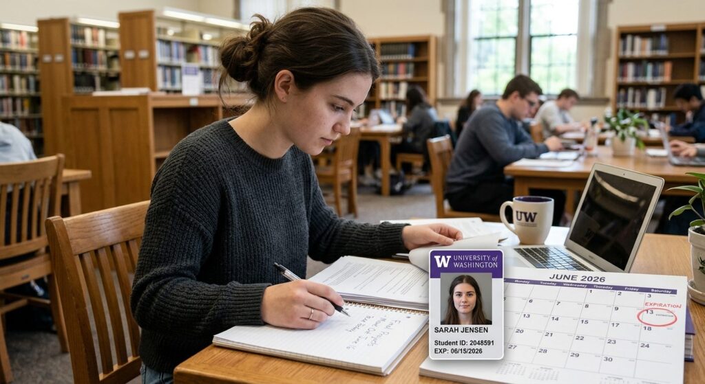 Studerendekortet ligger ved siden af en kalender hvor udløbsdatoen er markeret, symboliserer vigtigheden af at følge efter rettigheder