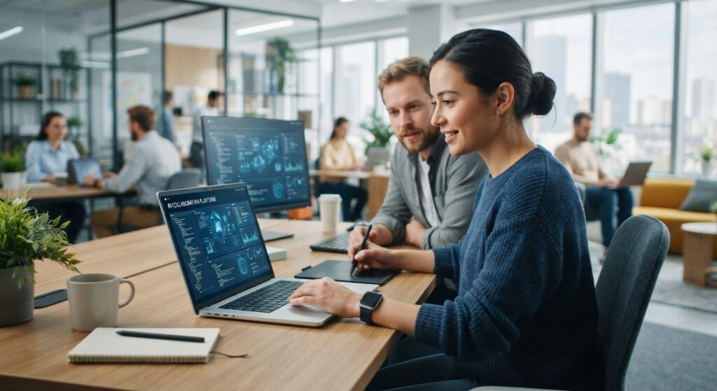 Ung medarbejder arbejder med AI-værktøjer på computer som illustration af ai i fremtiden og jobmarkedet