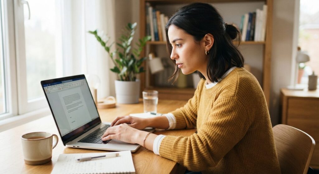 Ung jobsøger skriver en god ansøgning på sin laptop ved skrivebordet