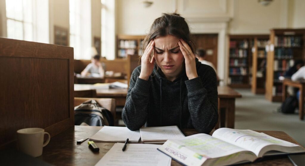 Studerende med eksamensangst sidder stresset foran bøger på bibliotek