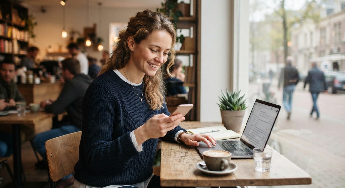 Jobsøger tjekker sin telefon for svar efter at have fulgt op efter jobsamtale