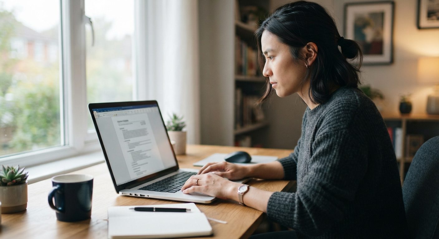 Person der gennemgår sit CV på en bærbar computer for at sikre det rigtige indhold