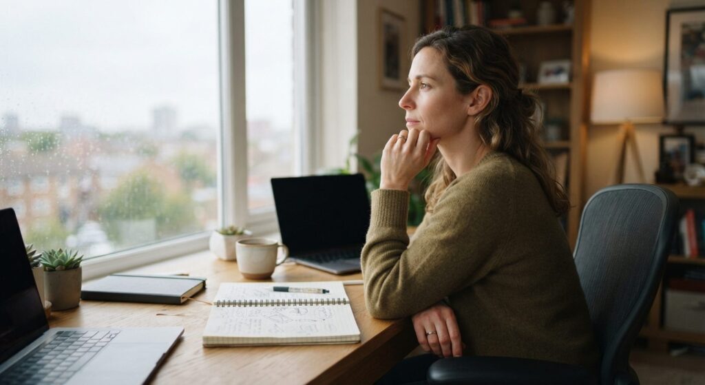 Person overvejer karriereskifte ved skrivebord med notesbog og kaffe