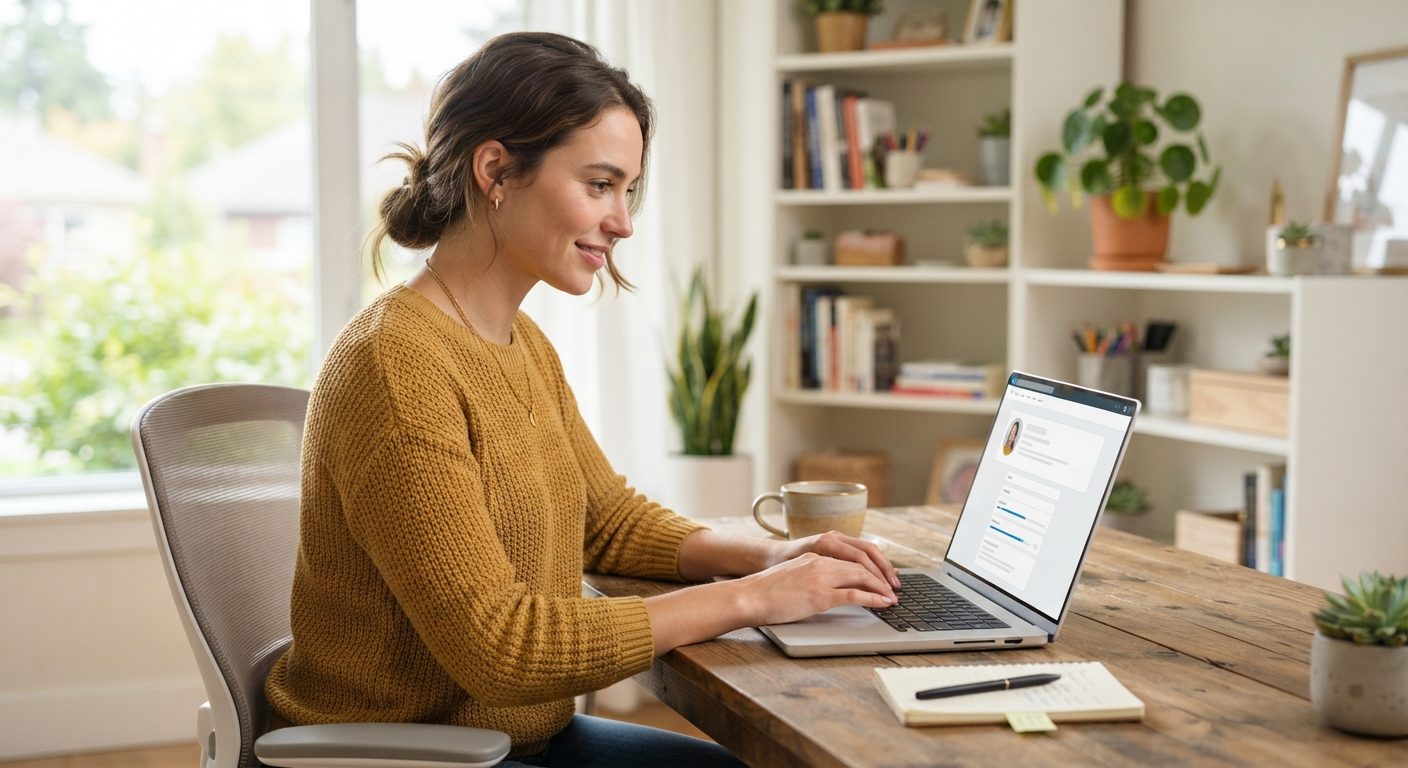 Ung kvinde optimerer sin LinkedIn-profil på laptop for at blive fundet af rekrutterere