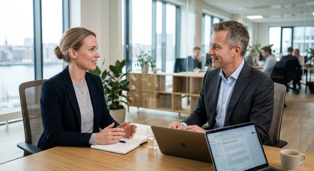 Medarbejder forhandler løn med sin leder på kontoret