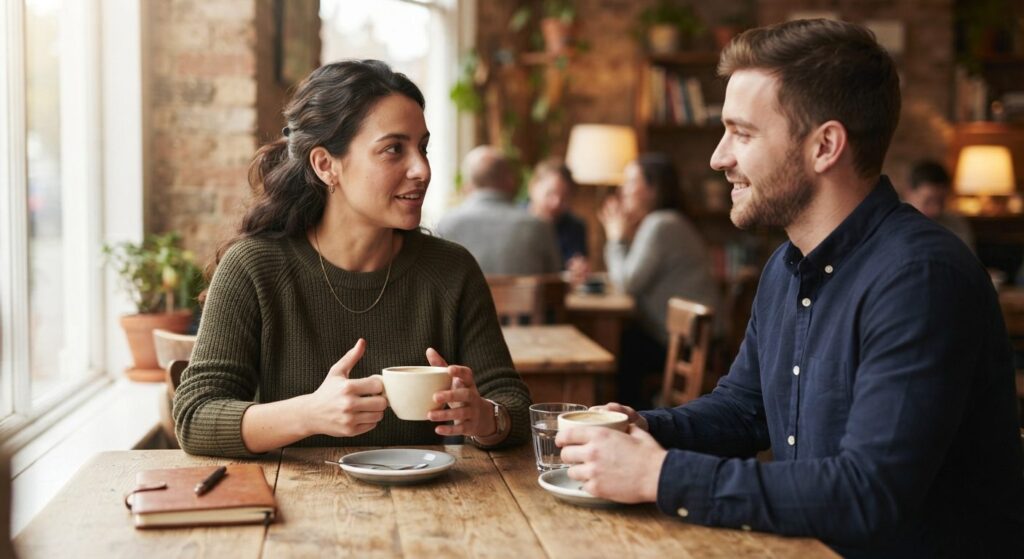 Introvert person networker en-til-en over en kop kaffe på en stille café