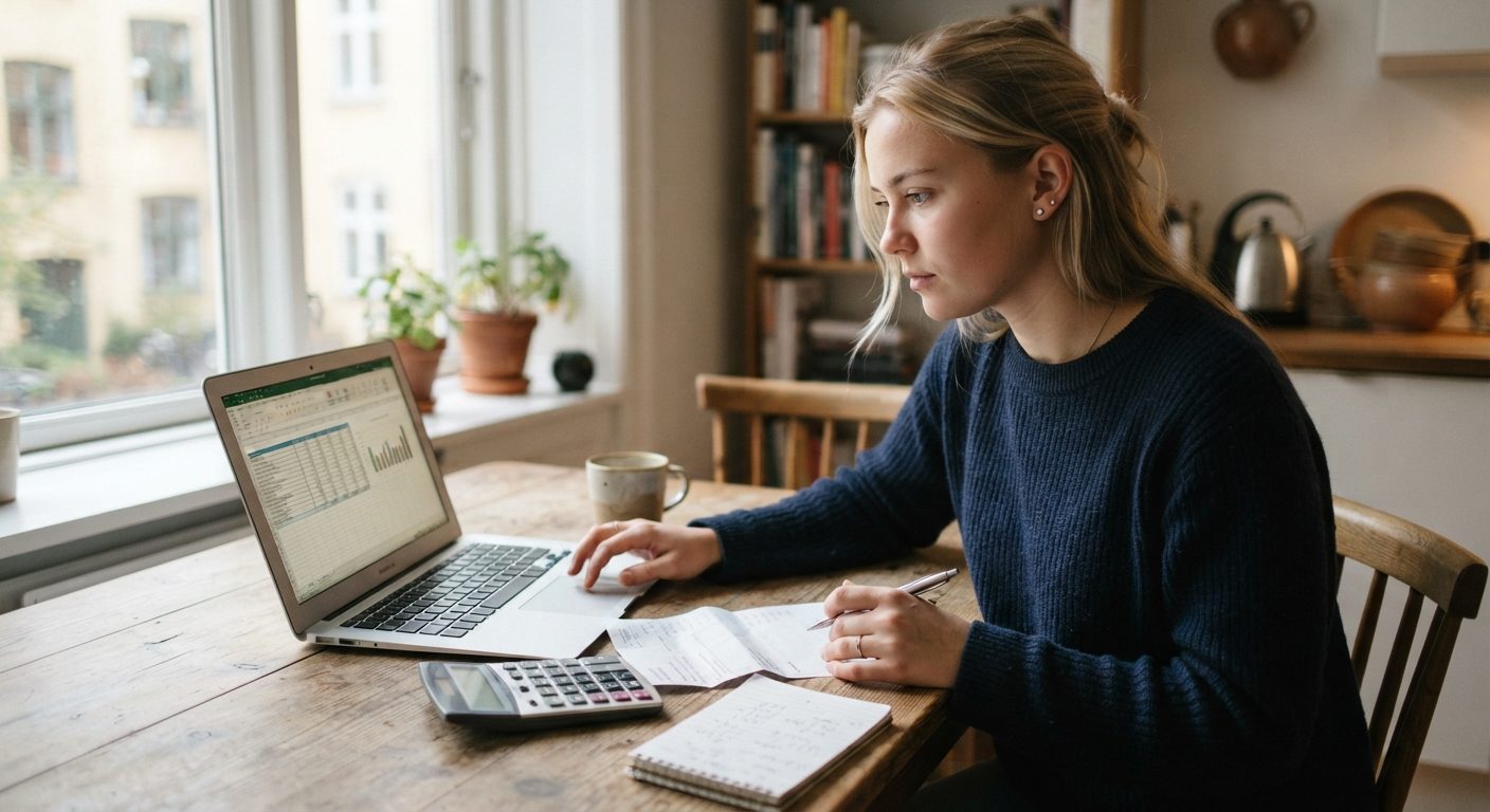 Studerende tjekker SU fribeløb og indkomst på laptop ved køkkenbord