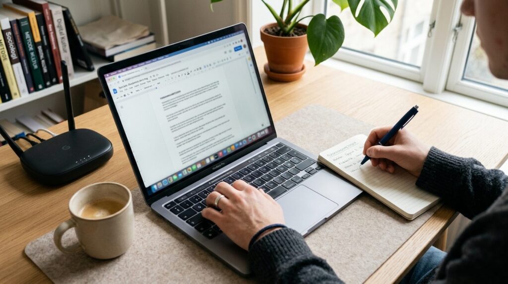 Close-up overhead shot of a Danish students hands typing on