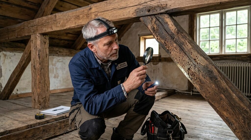 Realistic image of home inspector examining wooden floor and