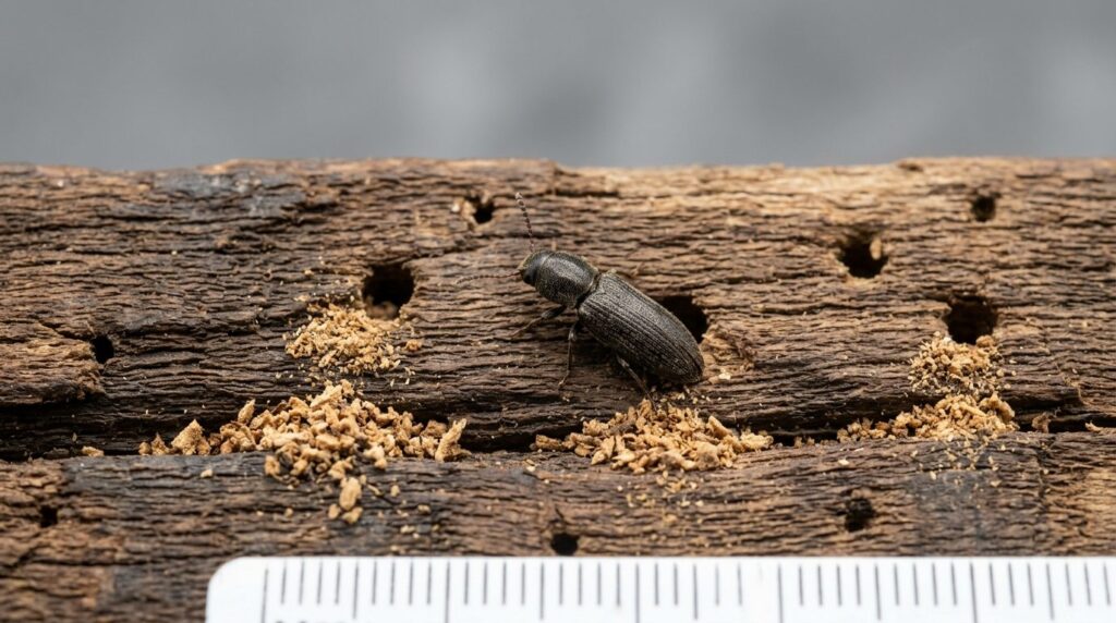 Close-up detail shot of wood-boring beetle specimen or sawdu