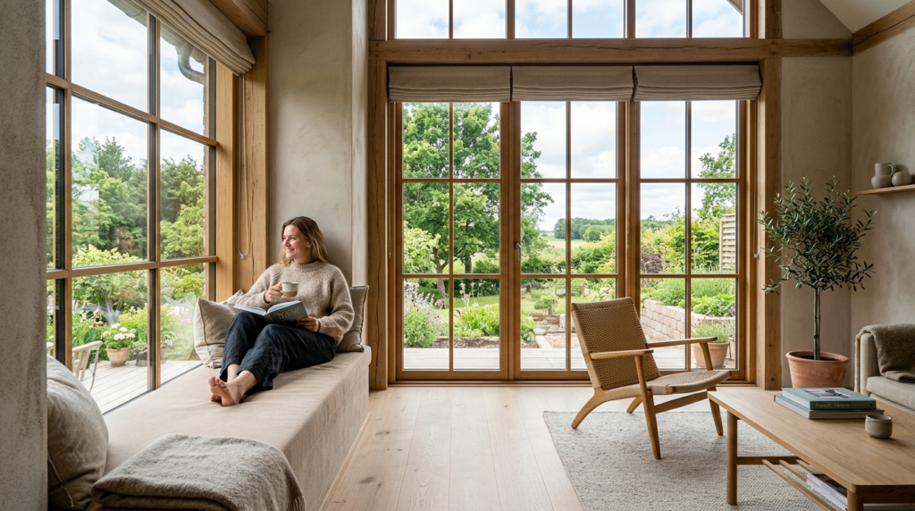 Wide-angle photograph of a renovated Danish home interior sh