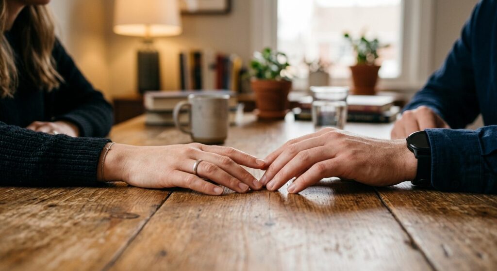 Close-up of two hands almost touching on a wooden table duri