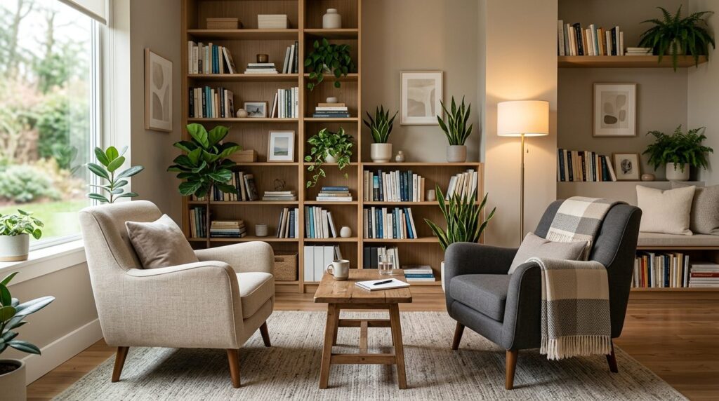 Professional therapists office with a comfortable seating a