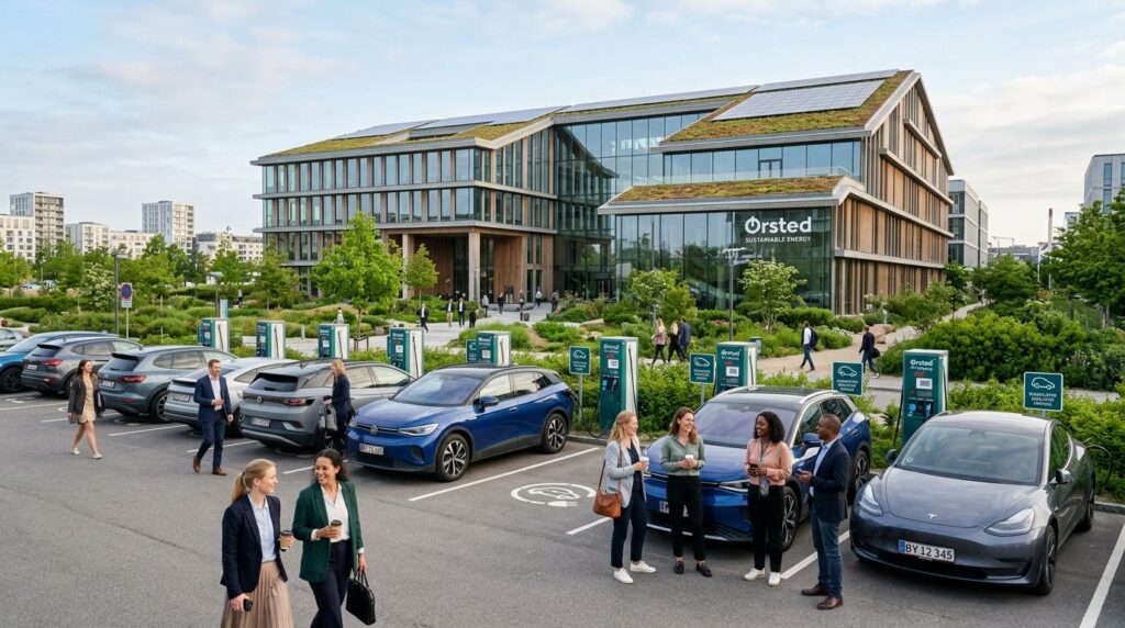Wide angle view of a Danish corporate headquarters with mult