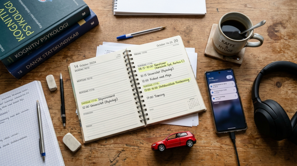 Overhead flat lay composition of a busy young persons daily