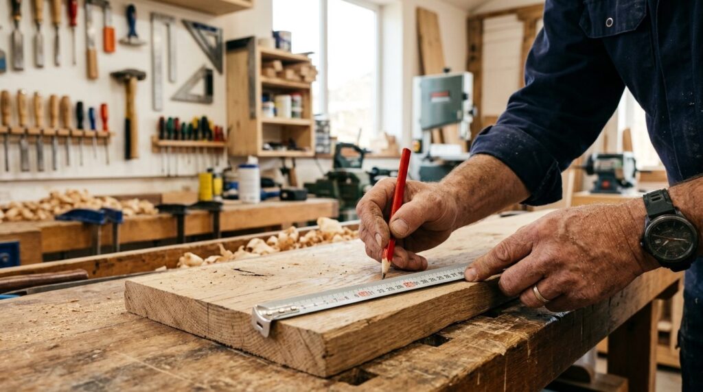 Close-up of skilled craftsmans hands measuring and marking 