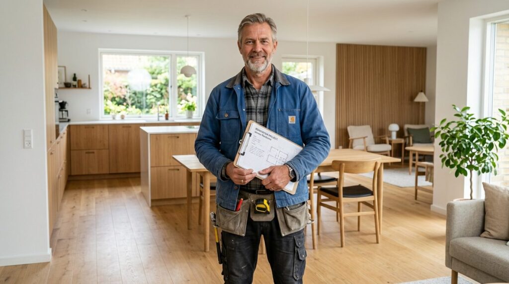 Portrait of experienced carpenter standing in front of compl