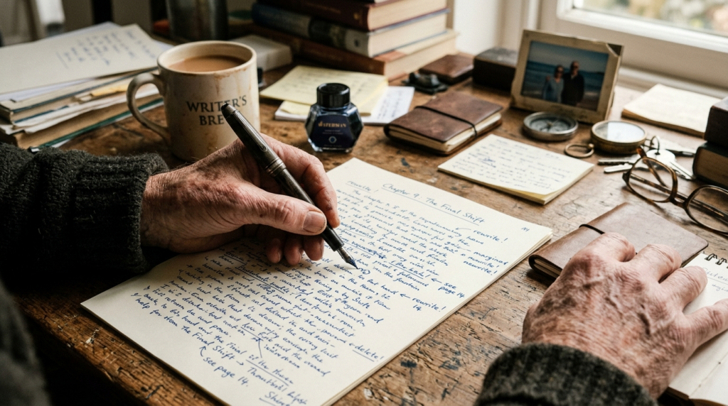 Close-up photograph of weathered hands of an older writer ho