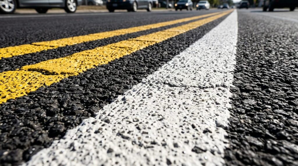 Close-up detail of fresh white and yellow thermoplastic road